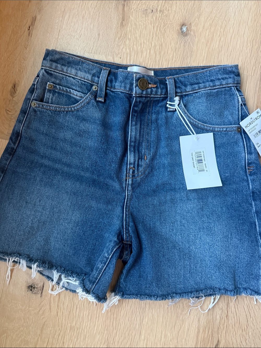 Frame Denim Mid Blue High-Rise Frayed Hem Jean Shorts